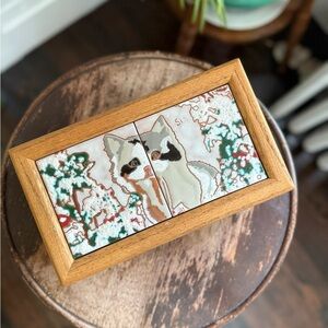 Vintage Wooden box Framed Cat Art tiles hand painted
